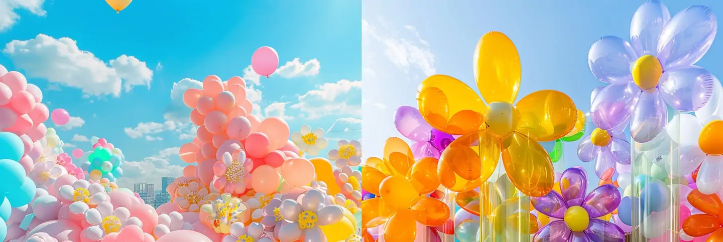 彩色春天鲜花透明气球主题蓝天白云梦幻场景摄影海报背景midjourney关键词咒语