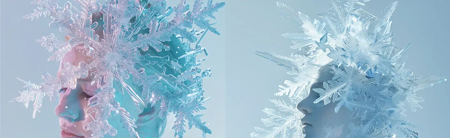 创意冬天巨型白色透明水晶雪花女性空灵美学艺术摄影海报midjourney关键词咒语