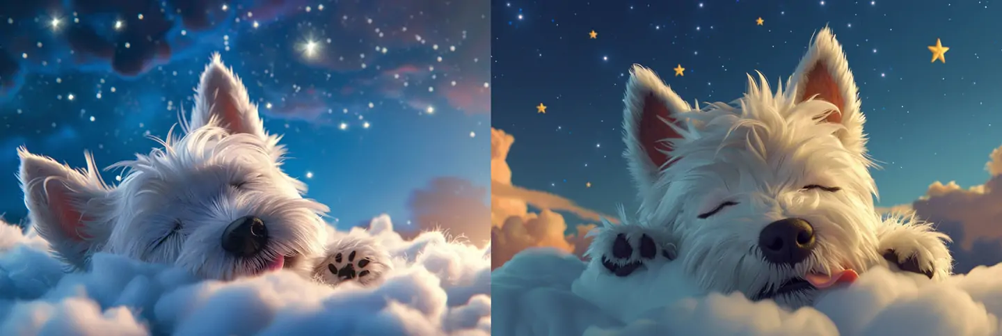 可爱狗狗睡觉吐舌头云朵星星梦幻场景漫画插图海报midjourney关键词咒语