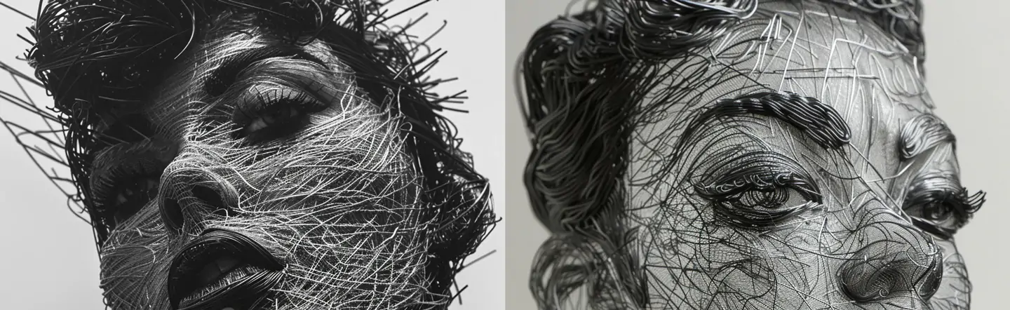 创意手绘逼真女孩模特抽烟金属丝复杂线条交织雕塑艺术插图海报midjourney关键词咒语